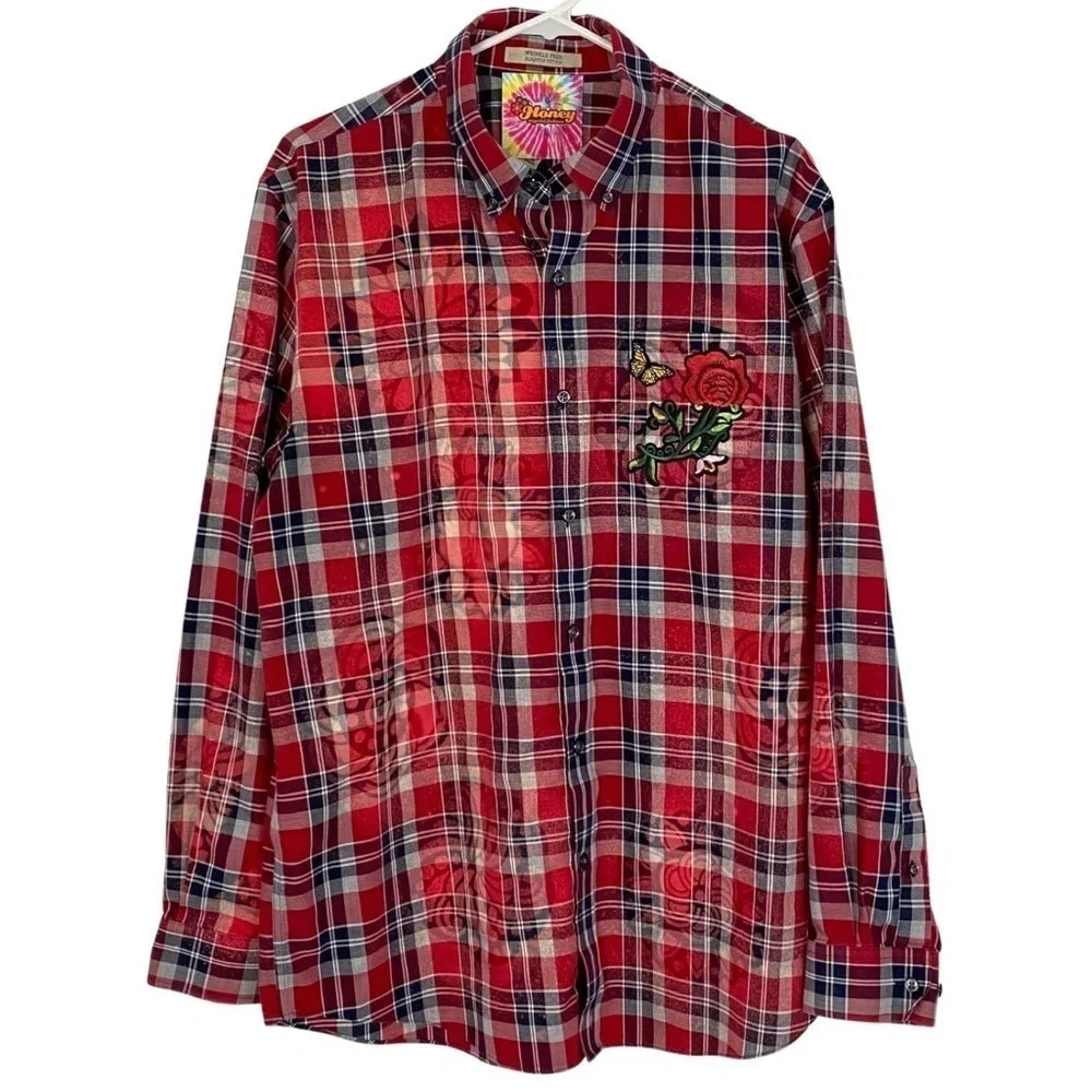 Handmade Boho Flannel Shirt Size Large XL Plaid Embroidered Floral Bleached Red